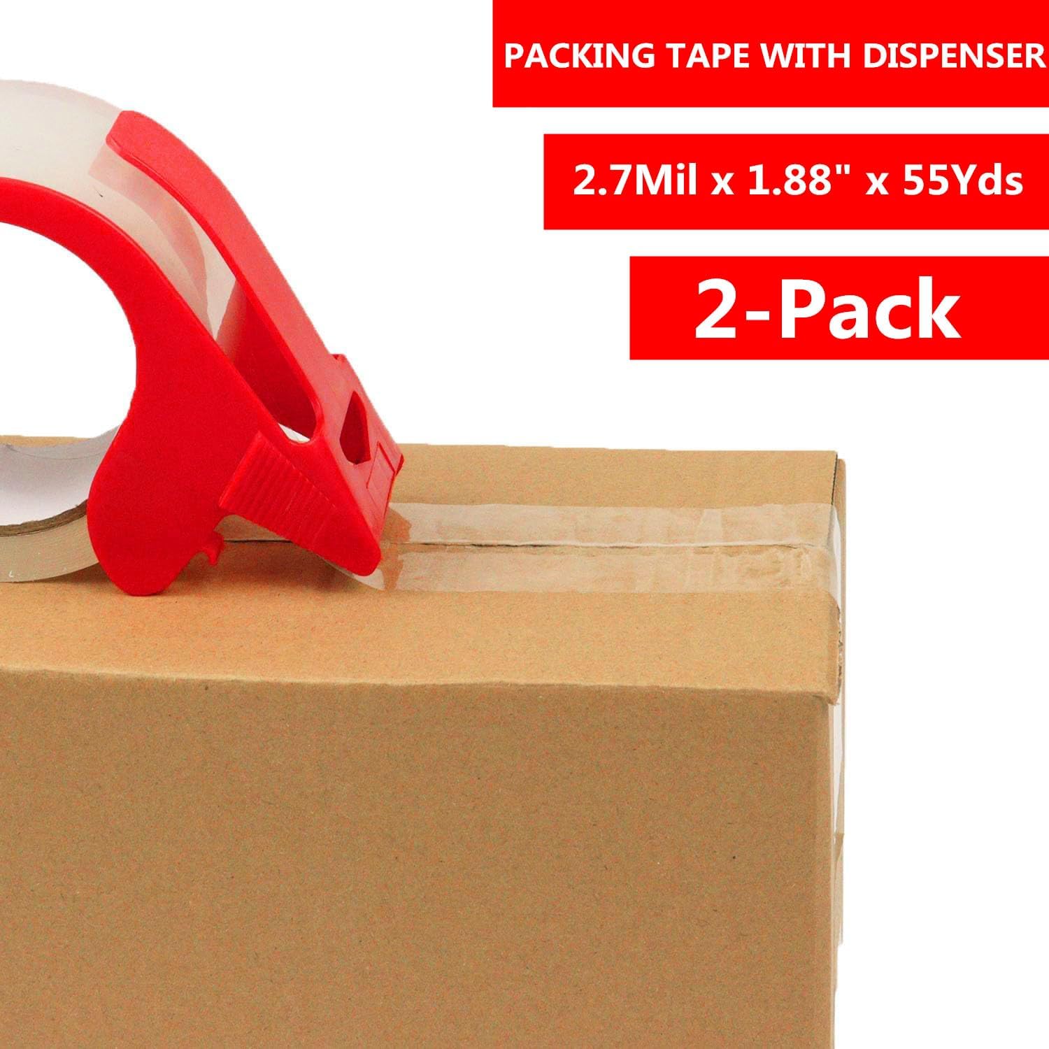 2-Pack Clear Packing Tape with Dispenser-2.7mil x 1.88" x 55Y Heavy Duty Packing Tape for Moving Boxes-Moving Tape Strong Adhesive Packaging Tape. - Image 2