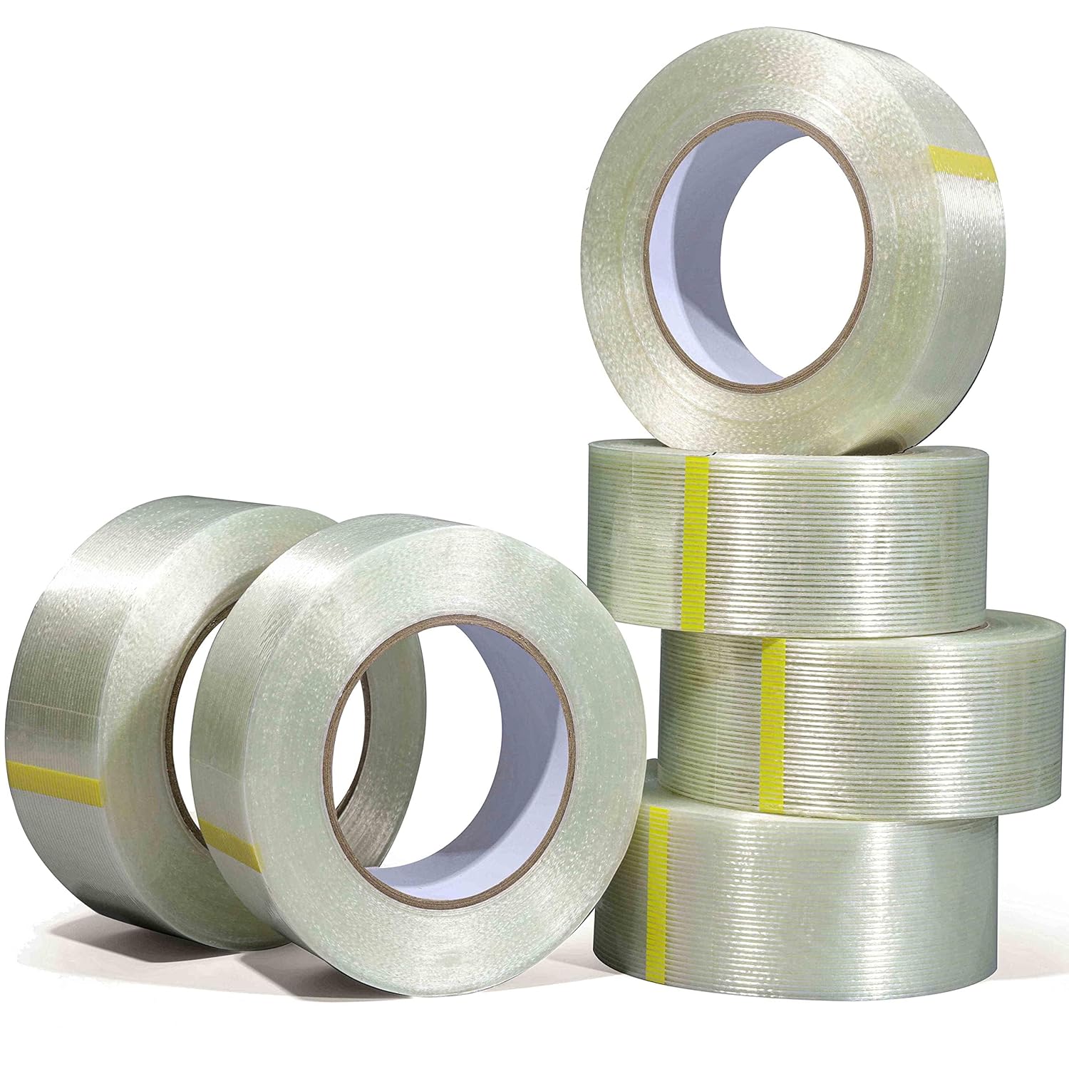 6 Pack Mono Filament Strapping Tape, 2 in×60yds, Reinforced Strapping Fiberglass Packing, Clear Heavy Duty Wearproof Tape, Extra Thickness 5.5 mils