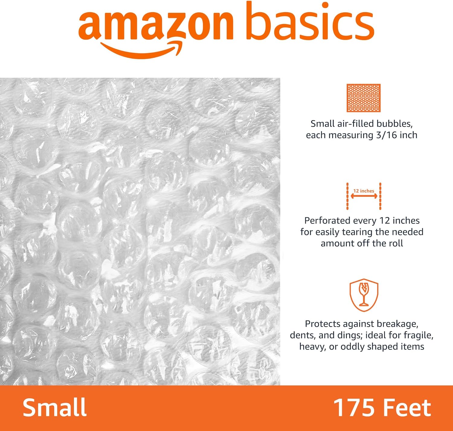 Bubble Wrap for Moving, Packing, Shipping and Storage, Perforated Protective Cushioning for Fragile Items, 12-inch x 175-ft Long Roll, Small 3/16", Clear - Image 2